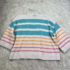LOFT Womens M Striped Cotton Blend Pullover Sweater 3/4 Sleeves Pink Blue Orange