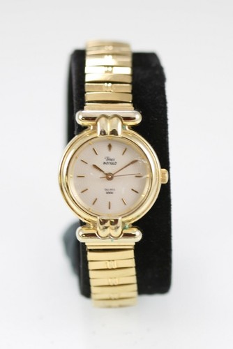 Montre Vintage Timex Femme - Cadran Blanc, Bracelet Extensible Or - Mouvement Quartz - Occasion Très Bon état