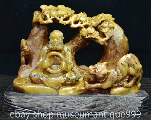 9.2" Chinese Natural Shoushan stone Carving Tiger Subduing Arhat Statue