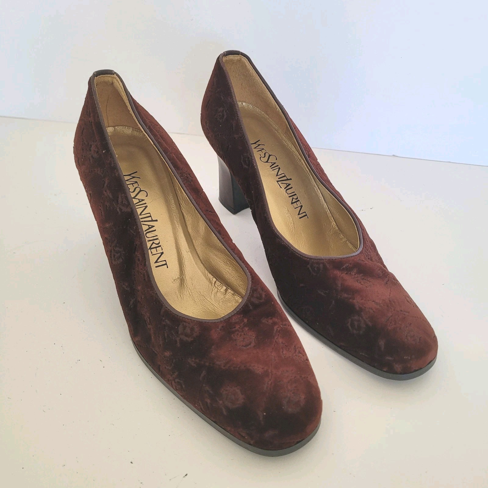 Scarpe Yves Saint Laurent YSL blocco scamosciato taglia 5 35 pelle tacco marrone floreale