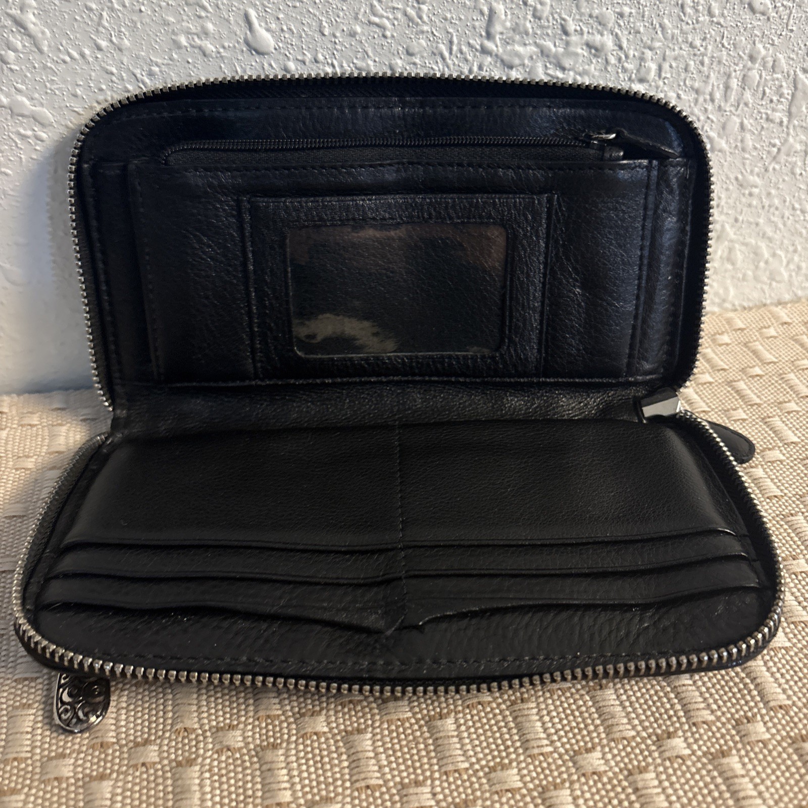 Vintage Black Cloth Leather BRIGHTON Zip-Around Wallet Silver Tone Hardware