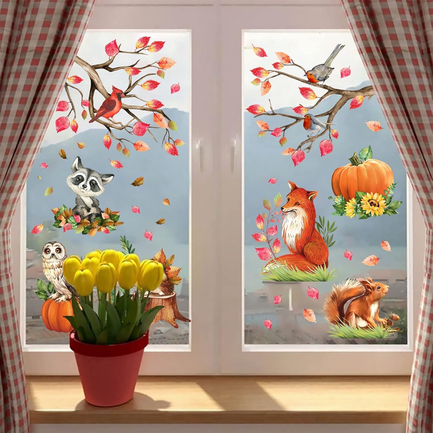 Mfault Fall Woodland Animals Window Clings 9 Sheets, Autumn Fox 