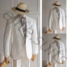 White Linen Men's Suits Formal Business Tuxedos Summer Wedding Groom Blazer 2Pcs