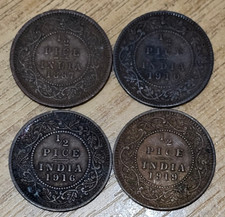 Four India 1/2 Pice Coins 1887 1910 1916 1919