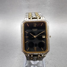 Pulsar Tank Watch Men 26mm Black Dial Two Tone Date Rectangle READ!! New Battery