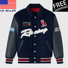 Red Bull Racing Full-Snap Navy Wool Black Genuine Leather Sleeves Varsity Jacket