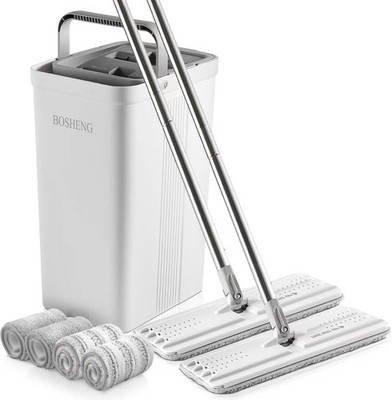 Mop and Bucket with Wringer 1 [White] + 2x50 Mops + 4 Pads, Grey White 
