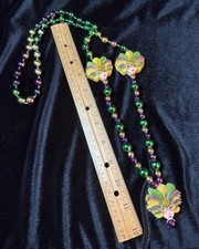 Mardi Gras Bead Necklace Mask Lady s Face Purple Green Gold Feathers Headpiece