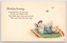 Vintage Birthday Greetings Postcard with Baby and Butterflies Art
