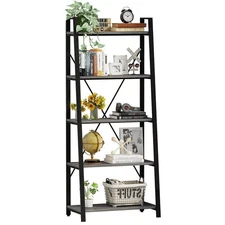 5-Tier Ladder Shelf, Industrial Leaning Bookcase, Wood and Metal Ladder Books...
