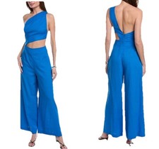 NWT FARM RIO Blue Asymmetri Linen Blend Wide Leg Jumpsuit, Size LARGE