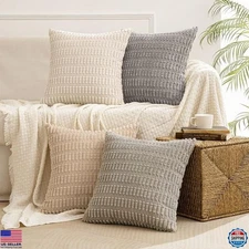 Pack of 4 18x18 Inch Neutral Corduroy Throw Pillow Covers for Sofa & Home Decor