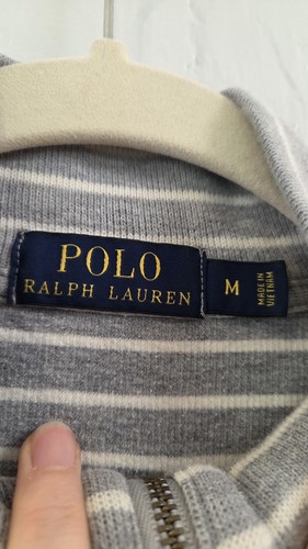 Polo Ralph Lauren Mens Medium 1/4 Zip Sweater Grey White Stripe Embroidered Logo - Picture 7 of 11