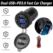 12V QC3.0 Dual USB Car Fast Charger Socket Power Outlet LED Voltmeter Waterproof