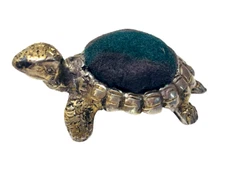 Turtle Pin Cushion Silver Plated Sewing 3inch Needle Holder Green Cushion