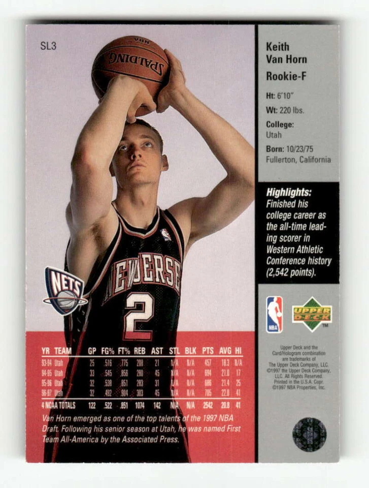 1997 Starting Lineup Card SL3 Keith Van Horn Extended series sp BXCP41 - Image 2 of 2