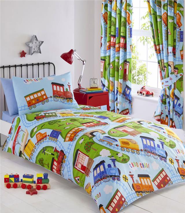 SINGLE duvet set little boys bedroom blue toy steam train track