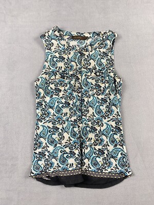 The Limited Top Womens Small Blue Paisley Top Sleeveless Button Up Beige Shirt