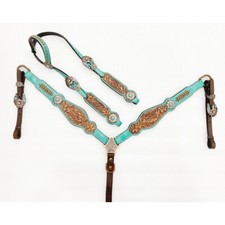 Leather Headstall and Breast Collar Set Turquoise Blue and Brown Headstall MOUSM