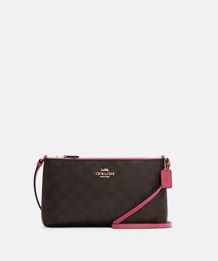 Coach Zip Top Gold Brown Strawberry Signature Coated Canvas Crossbody C7311