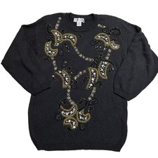 Vintage 80s Victoria Harbour Beaded Sweater Size L Black Embellished Party