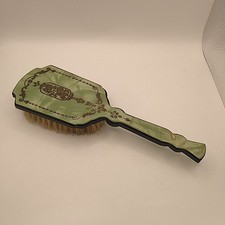 Art Deco Celluloid Vanity Hairbrush 8.5" Pearl Green W/ Black Sides Ornate 1920s