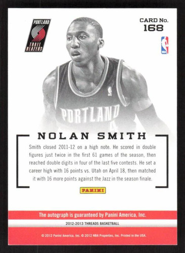 2012 PANINI THREADS NOLAN SMITH 168 MINT RC AUTOGRAPH PORTLAND TRAIL BLAZERS - Picture 2 of 2