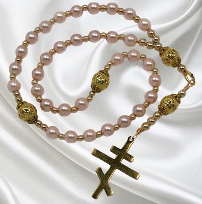 Handmade Orthodox Rosary  Stainless Steel Golden Cross Pink Shell Pearls