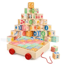 Wooden Building Blocks for Toddlers 1-3, Large Wood Baby Stacking Blocks Set ...