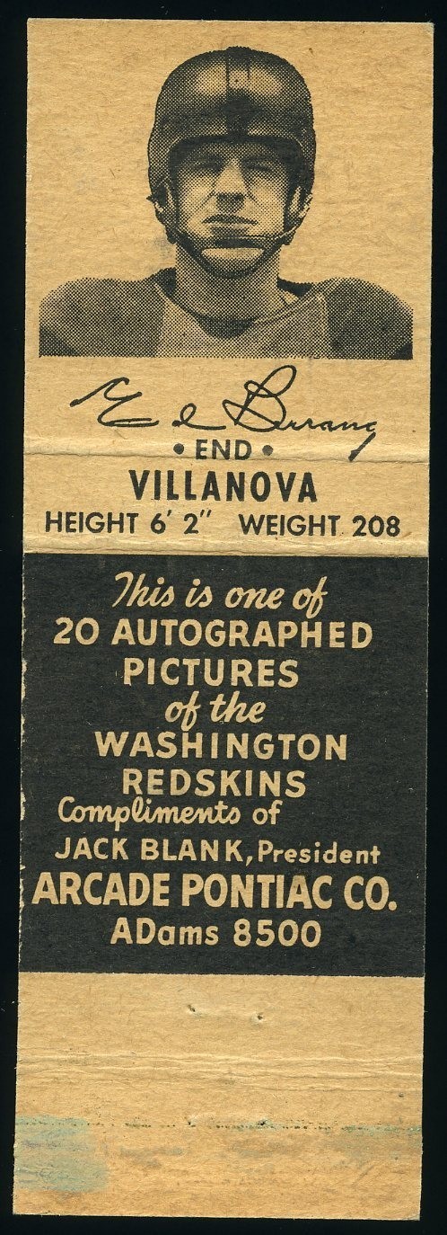 1951-52 Universal Arcade Pontiac Redskins Football Matchbook Ed Berrang *d8