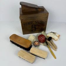 Vintage Solid Oak "5 Cents Shoe Shine" Valet Box with Accessories