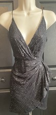 Double Crazy Black Sequin Wrap Dress S V-Neck Ruched Ruffle Bodycon Mini Party
