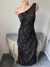 Black Sequin One Shoulder Maxi Dress L 10 Nude Lining Sleeveless Night Way NW