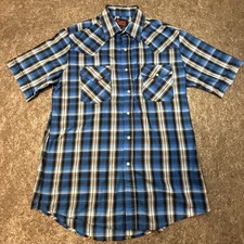Plains Western Wear Shirt Mens Medium Blue Plaid Pearl Snap Cowboy Rodeo