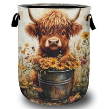 Sunflower Highland Cow Laundry Basket with Sturdy Handles, Collapsible Oxford...