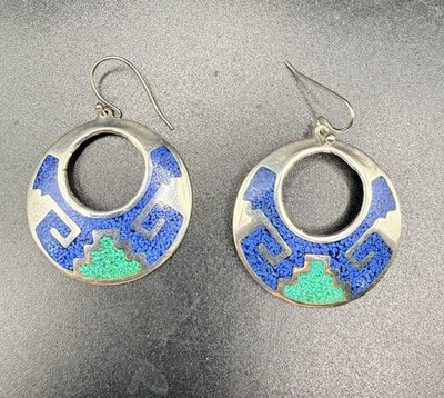 Runde Ohrhänger Azteken-Stil Mexiko 925 Sterlingsilber blaue Intarsien