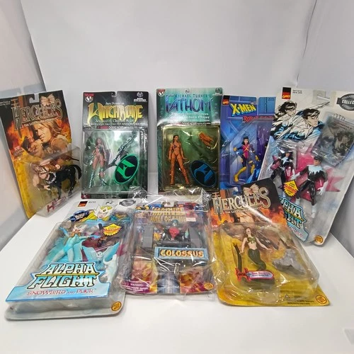 Lot of 8 vintage action figures in box - Marvel, Hercules, X-Men, Alpha Flight