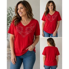 Drapers & Damons V-Neck Top Womens L Red Rhinestone Patriotic USA Made Studded
