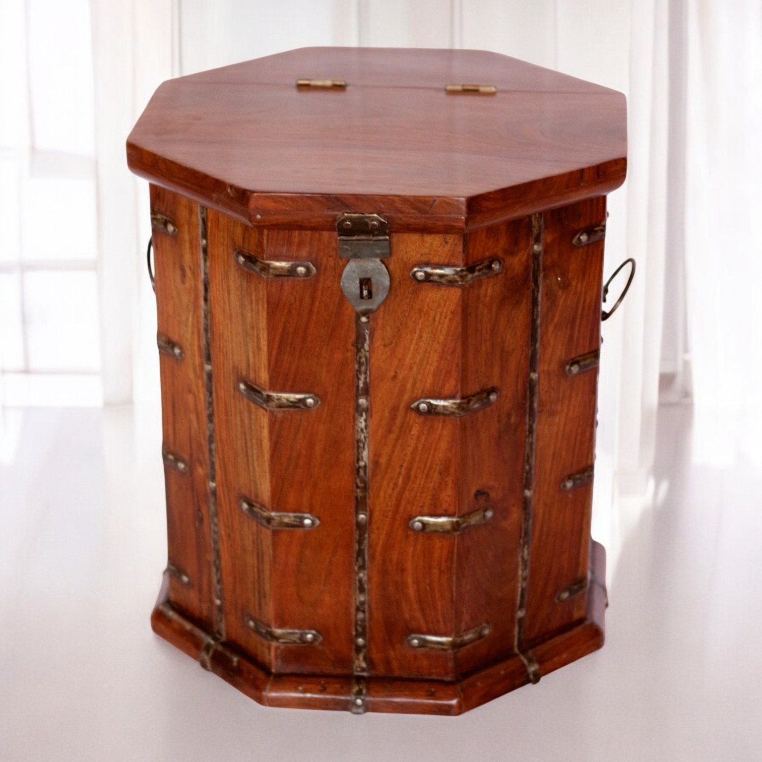 Octagonal Solid Wooden Trunk Chest Rustic Box Vintage Storage Ottoman
