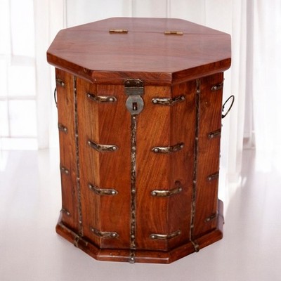 Achteckige Massivholz Truhe Truhe Rustikal Kiste Vintage Aufbewahrung Ottomane