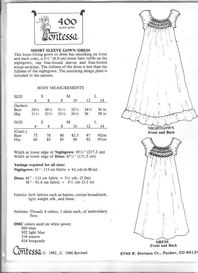 Contessa 400 Smocking Sewing Patterns for Women Short Sleeved Gown Dress Uncut - Image 2 of 2