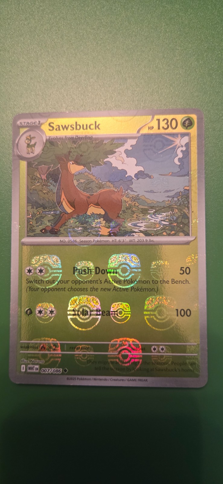 Pokemon TCG Sawsbuck (Master Ball Pattern) 007/086 SV11W: White Flare Holo NM