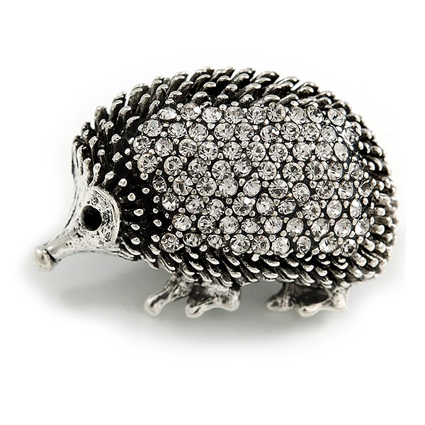 Vintage Inspired Crystal Hedgehog Brooch In Aged Silver Tone Metal - 35mm Across