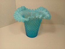 Fenton Hobnail Double Crimp Blue Opalescent Flip Vase