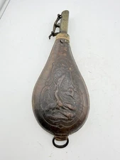 Antique G & J.W. Hawksley Leather Powder Flask w/ Brass Charger