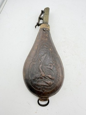 Antique G & J.W. Hawksley Leather Powder Flask w/ Brass Charger