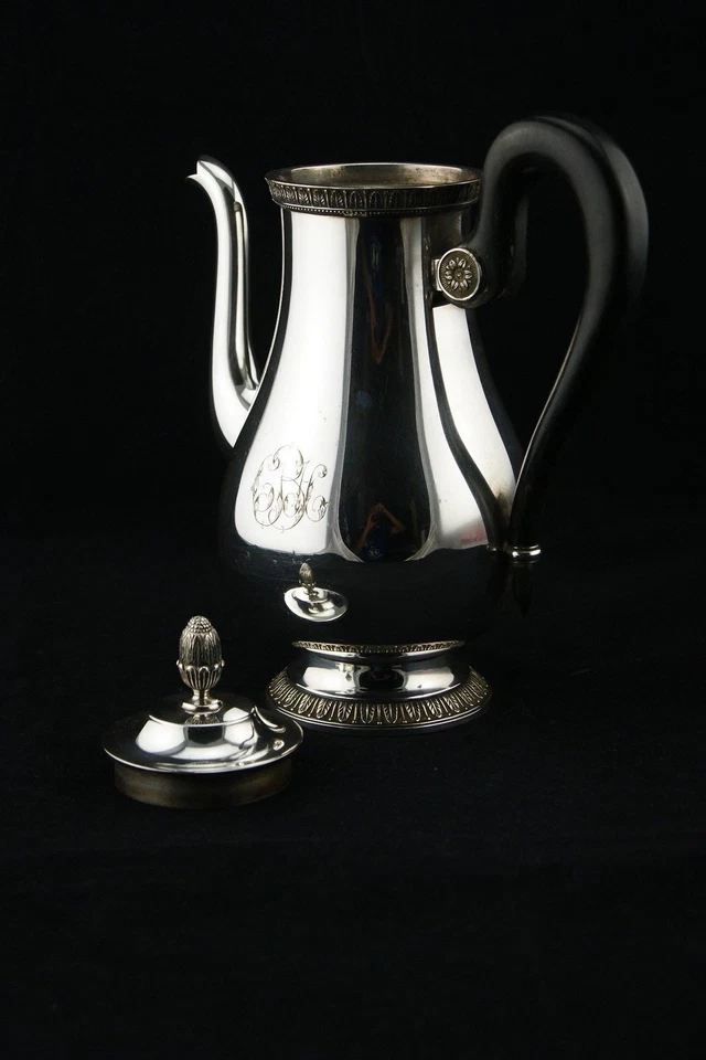 CAFETERA CHRISTOFLE MALMAISON CHAPADA EN PLATA MANGO DE MADERA DE ÉBANO 10" FRANCIA Foto 4 de 4