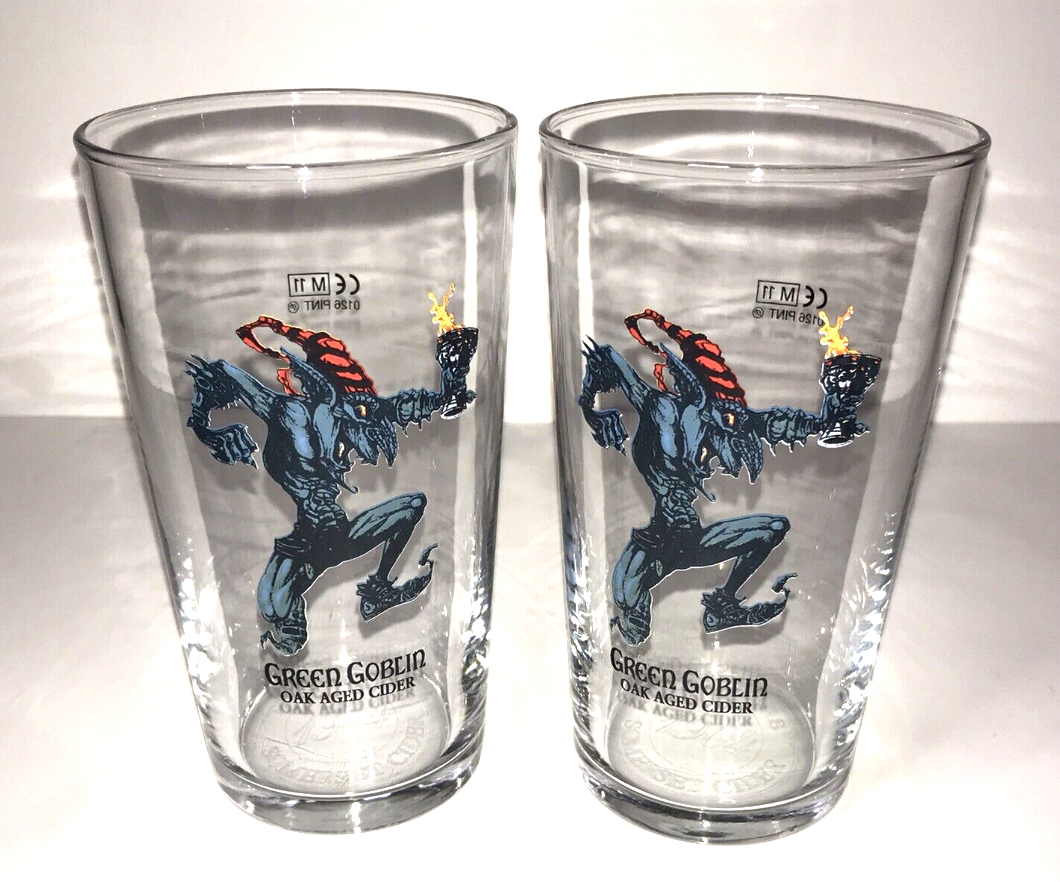 SET OF TWO Green Goblin Cider Glasses 20 oz English Pint