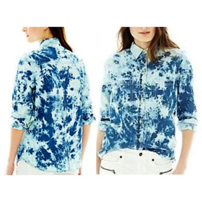 Joe Fresh Women's Light Blue Acid Wash Tie Dye Long Sleeve Denim Shirt Size  M/M