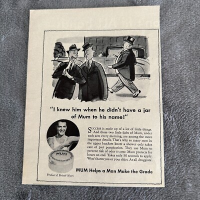 MUM Deodorant for Men Businessman Cartoon Bristol-Myers WWII Era Print Ad 1944